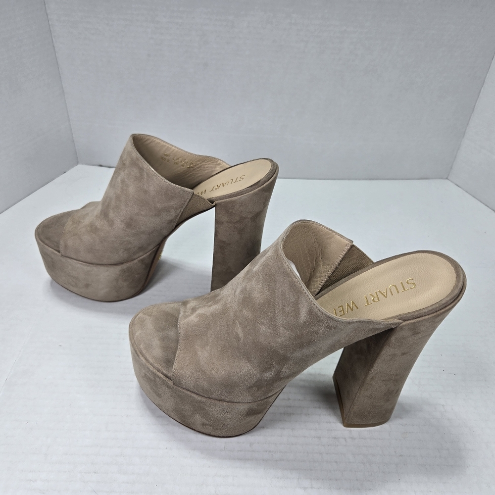 Stuart Weitzman Skyhigh 145mm Natural Tan Slide Platform Mules Size 9 1/2 M - Picture 5 of 10